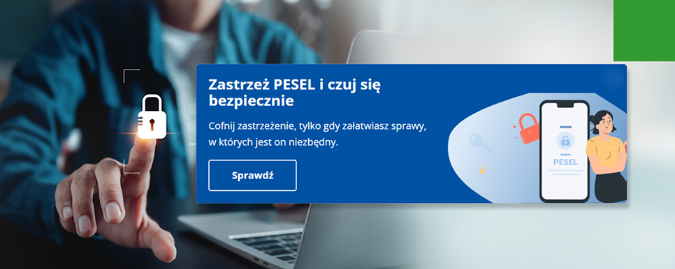 komunikat o zastrzeganiu PESEL z ikoną kłódki oraz grafiką smartfona.
