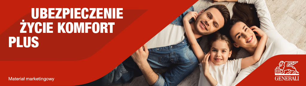 baner promujący ubezpieczenie „Życie Komfort Plus” oraz logo Generali.