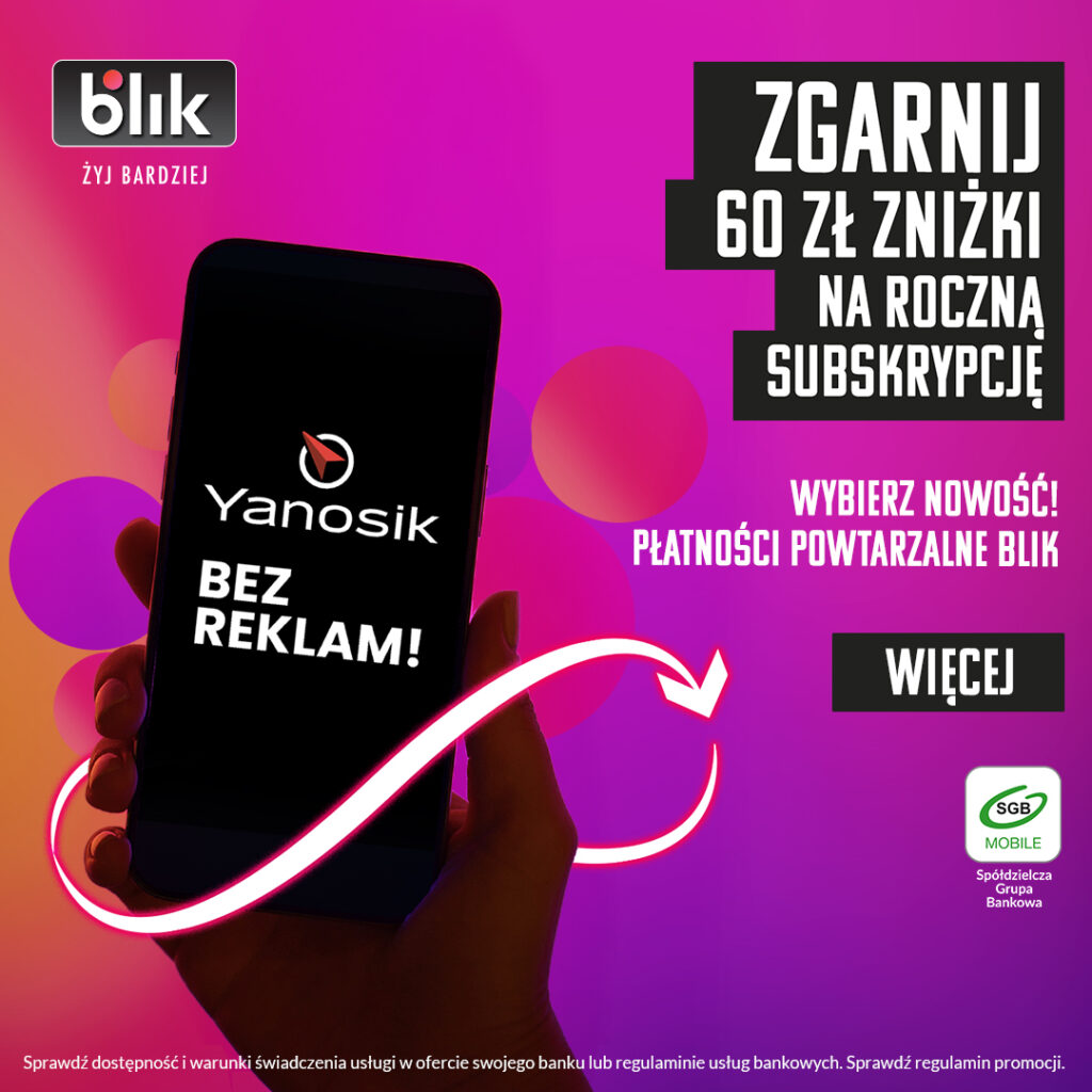 Smartphone z aplikacją Janosik, w tle opis promocji płatności powtarzalne blik
