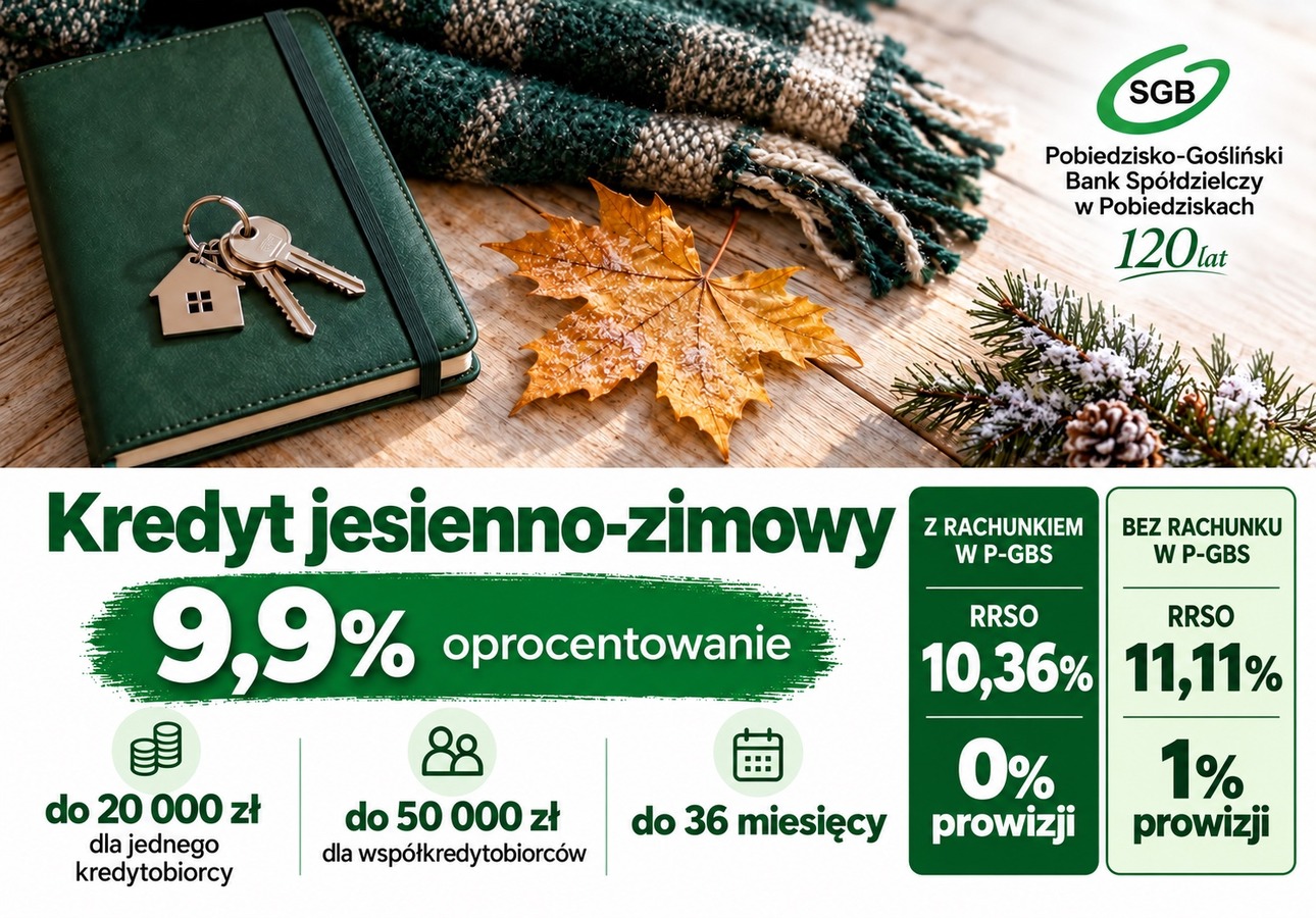 GRAFIKA PRZEDSTAWIAJĄCA OFERTĘ KREDYTU JESIENNO-ZIMOWEGO, NA STOLE NOTES Z KLUCZAMI, CIEPŁY SZAL ORAZ ZŁOTY LIŚĆ